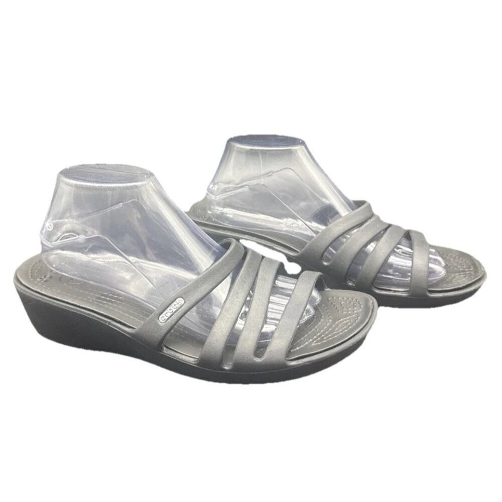 Women’s Rhonda Crocs Wedge Black Sandals Slides Shoes Sz 10 Summer Pool Vacation